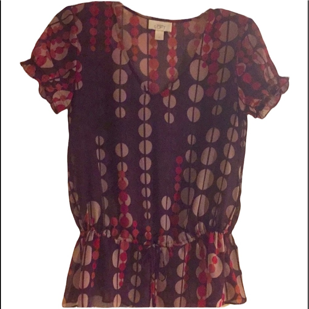 ANN TAYLOR LOFT SHEER BLOUSE PLUM BEIGE, RED SHORT SLEEVE BUSINESS ATTIRE XSMALL